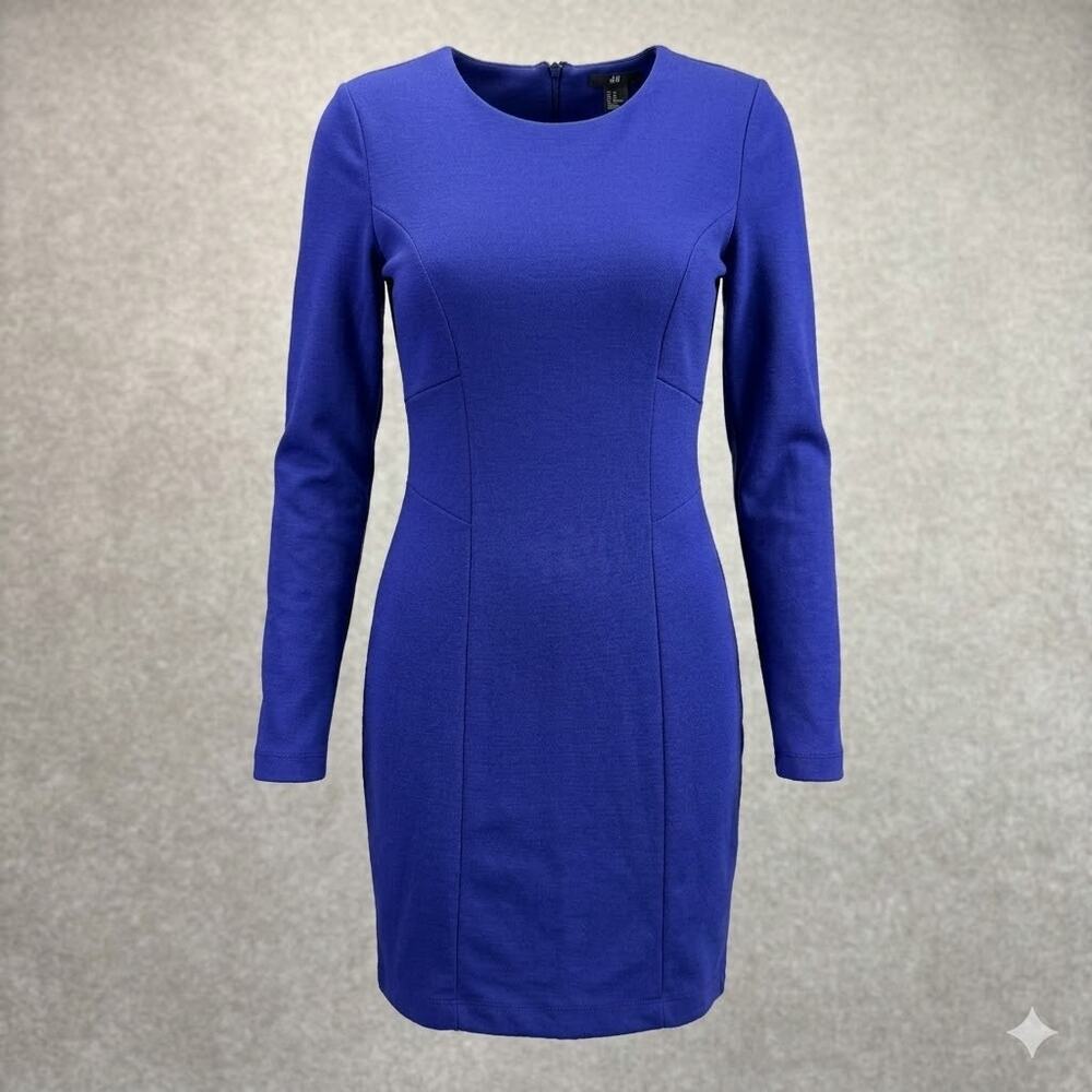 H&M Cobalt Blue Bodycon Mini Dress Long Sleeve Structured Seam Women’s XS